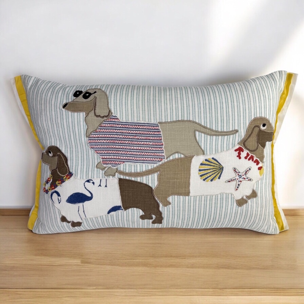 Pier 1 Throw Pillow Dachshunds Embroidered Patchwork Nautical Decor Dogs Lover